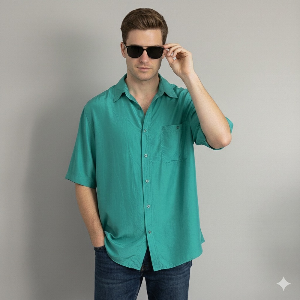 Vintage Turquoise Green Silk Short Sleeve Shirt - Large